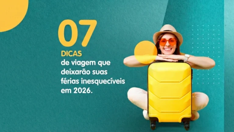 Mulher sorridente com chapéu e óculos de sol, apoiada em uma mala de viagem amarela, em fundo verde com o texto '07 DICAS de viagem
