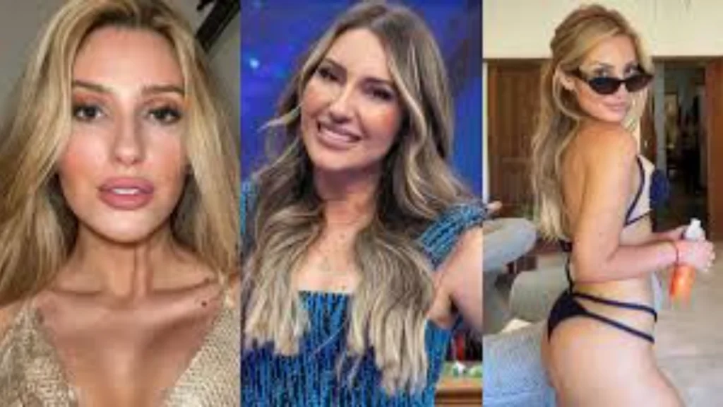 Colagem de três fotos de Amanda Meirelles: à esquerda, ela com lábios volumosos; ao centro, sorrindo com cabelo loiro-mel e l