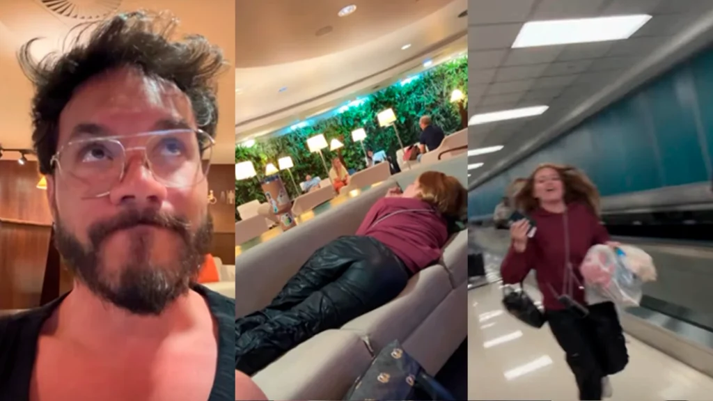 Colagem de fotos de Eliezer com expressão de cansaço, Viih Tube dormindo em sofá de aeroporto e correndo.
