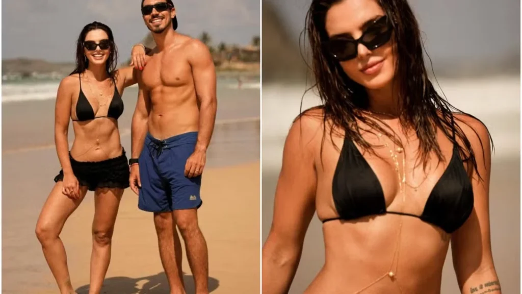 Giovanna Lancellotti e Gabriel David sorrindo na praia em Noronha, e close-up de Giovanna usando óculos escuros e biquíni pre