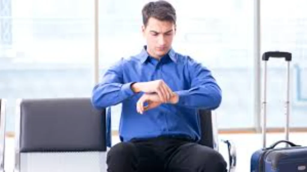Um homem de camisa azul, visivelmente preocupado, olhando para o relógio enquanto está sentado em uma sala de espera ao lado