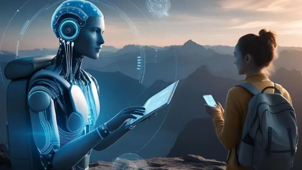 Uma inteligência artificial futurista com uma tela, interagindo com uma viajante que usa um smartphone, com montanhas ao fund