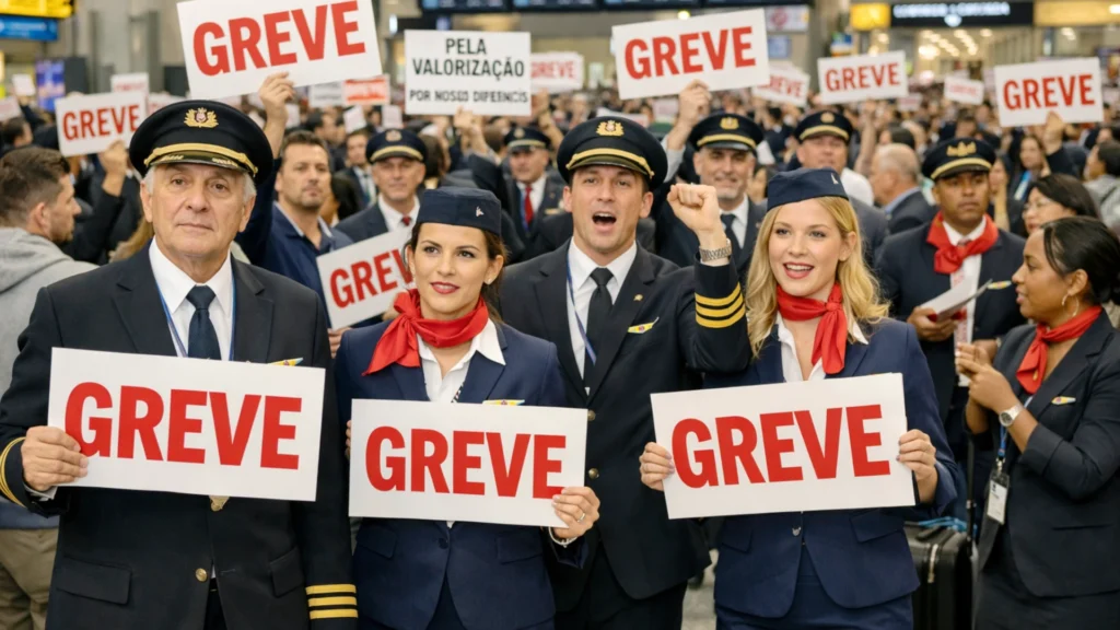 Grupo de pilotos e comissários em uniforme, segurando cartazes brancos com a palavra 'GREVE' em vermelho durante protesto.