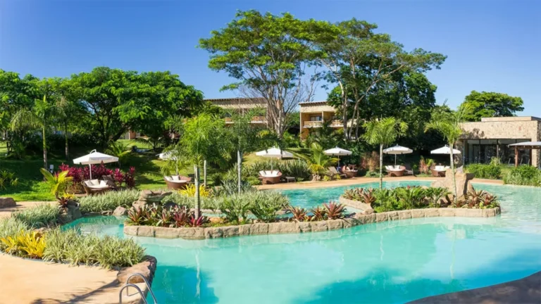 Piscina ao ar livre de um hotel fazenda em São Paulo, com ilhas de vegetação, espreguiçadeiras e guarda-sóis, rodeada por árv
