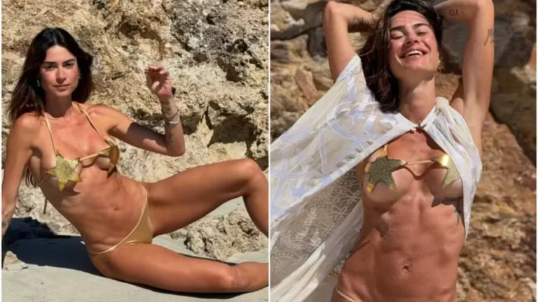 Thaila Ayala posa com biquíni de flor. À esquerda, deitada na areia. À direita, sorrindo com um lenço sobre os ombros.