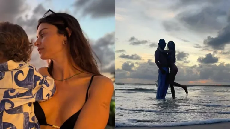 Thaila Ayala abraça o filho e depois posa abraçada com Renato Góes na água ao pôr do sol em Saint-Barthélemy.